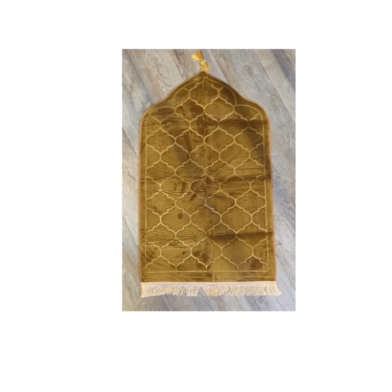 Olijfkleurig gebedskleed koepel dik en zacht met geometrisch patroon en franje