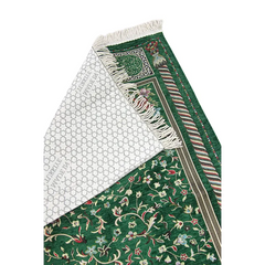 Groen bloemmotief gebedskleed Rawda met witte franjes en geometrische voering