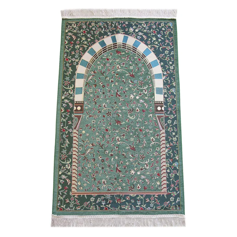 Groen gebedskleed Rawda met mihrab, bloemenmotief en kwastjes