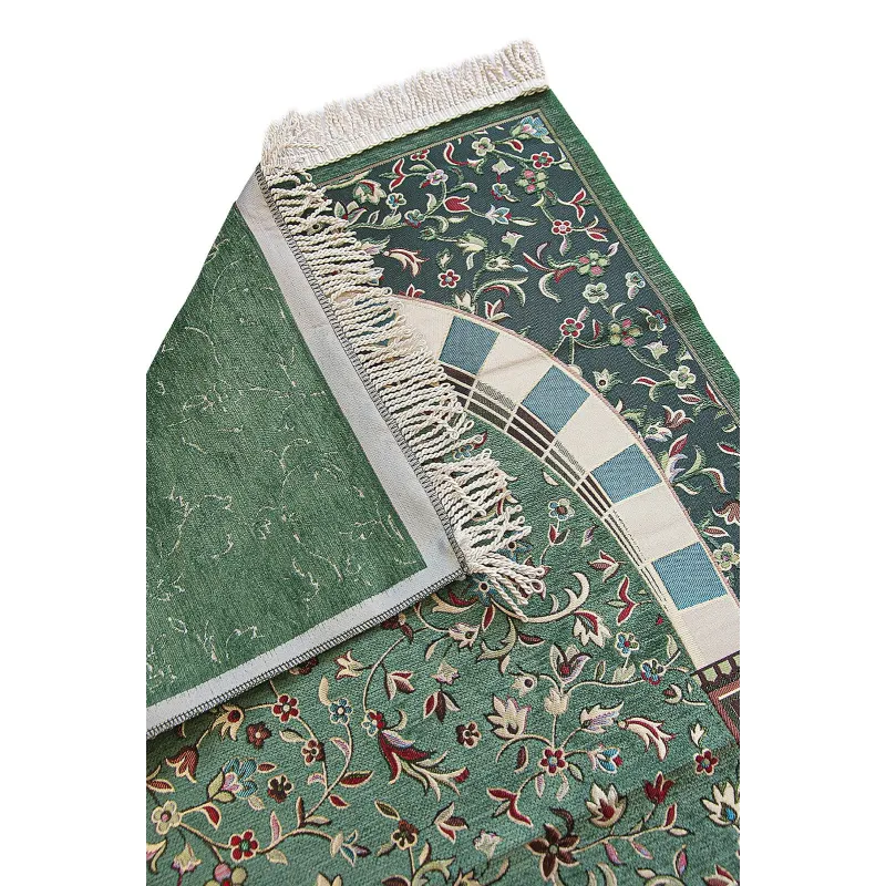 Groen bloemmotief gebedskleed Rawda met mihrab, witte franje en blauwe accenten