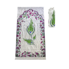 Witte gebedskleed met groene en paarse bloemen, zijde textuur, raschel stof, ideaal voor dagelijks gebruik