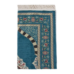 Blauw gebedskleed turquoise met bloemenmotief en mihrab ontwerp