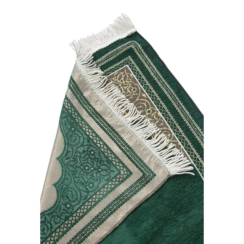 Groen chenille gebedskleed met witte en gouden patronen en franjes