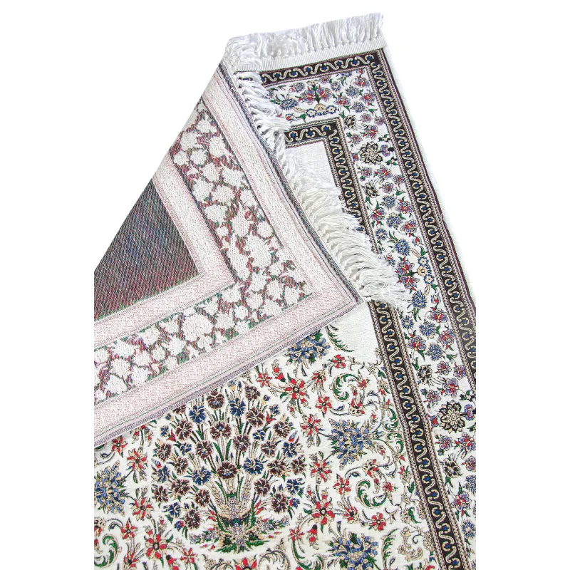 Wit gebloemd chenille gebedskleed met franjes en klassiek motief