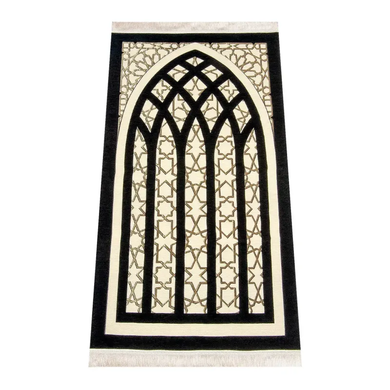 Gebedskleed van chenille met sterrenmotief in zwart, roomkleurig met gotische boog