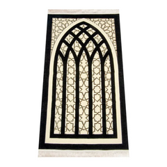 Gebedskleed van chenille met sterrenmotief in zwart, roomkleurig met gotische boog