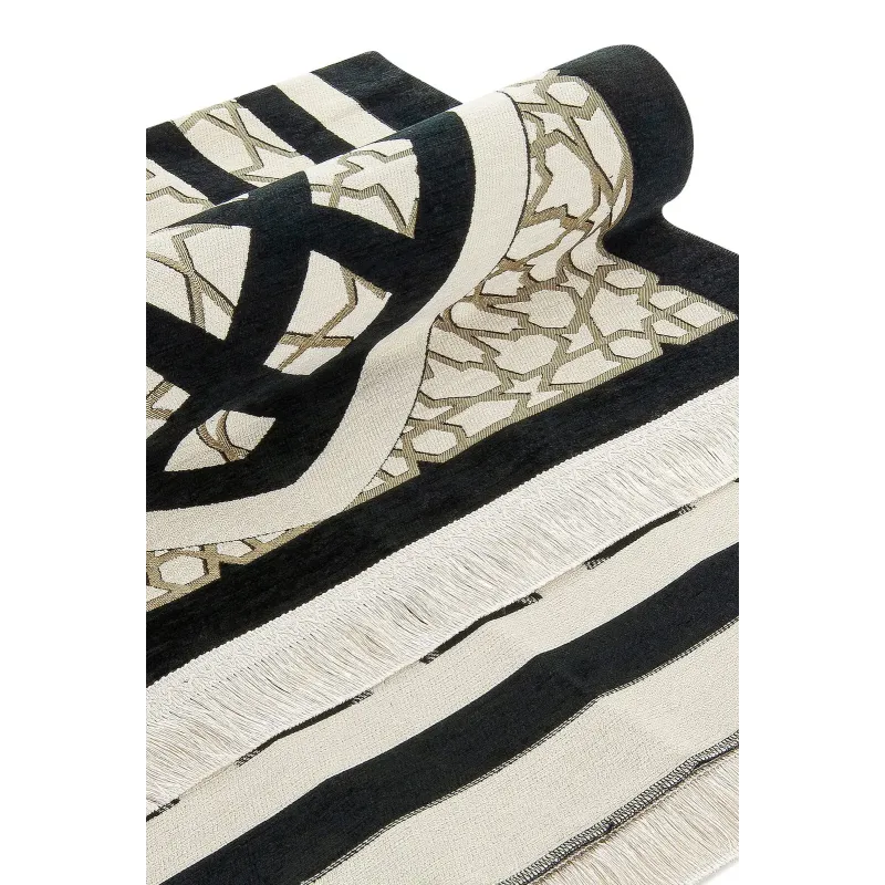 Zwart chenille gebedskleed met sterrenmotief, strepen en kwastjes