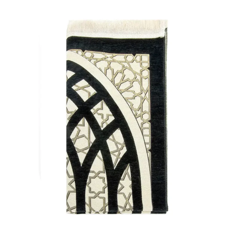 Zwart chenille gebedskleed met sterrenmotief en geometrisch patroon