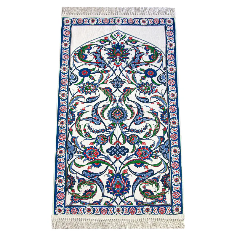 Donkerblauwe chenille gebedskleed met tulpenmotief en bloemenpatroon