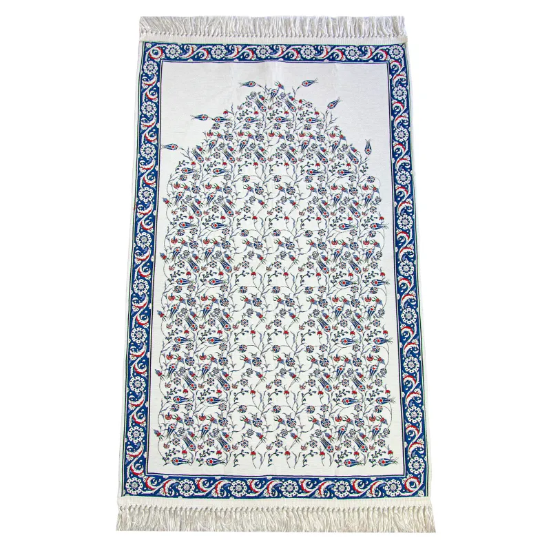 Wit gebedskleed van chenille met blauw-paars tulpenpatroon en franjes