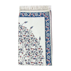 Crème chenille gebedskleed met blauwe en rode tulpenpatroon