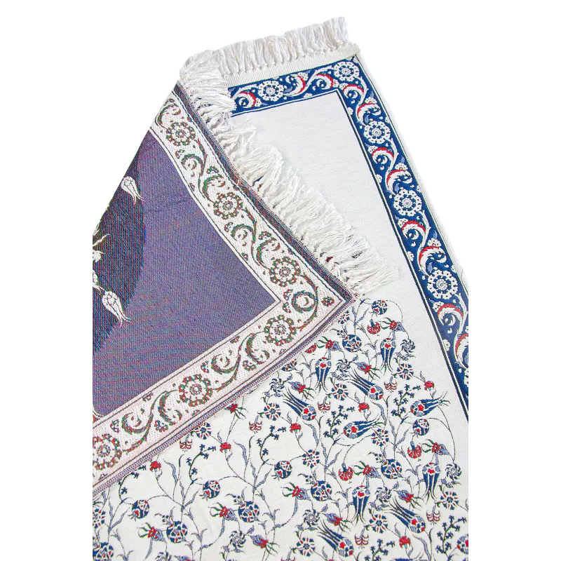 Blauw paars chenille gebedskleed met tulpenpatroon en franjes