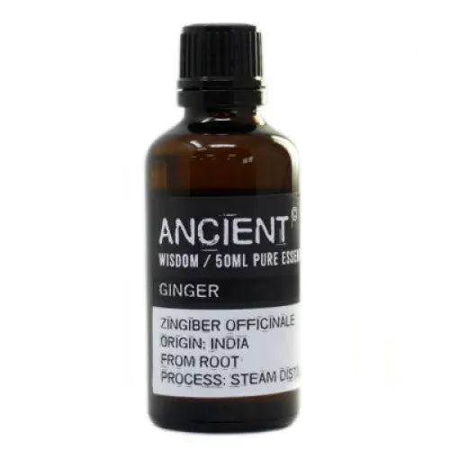 Bruine glazen fles met gember etherische olie van Ancient Wisdom 50 ml