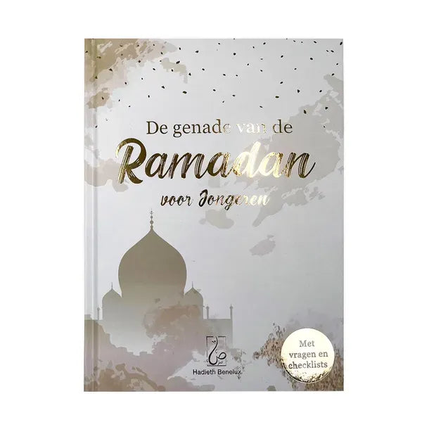 Boek Genade van de Ramadan voor Jongeren met moskeesilhouet en goede daden thema