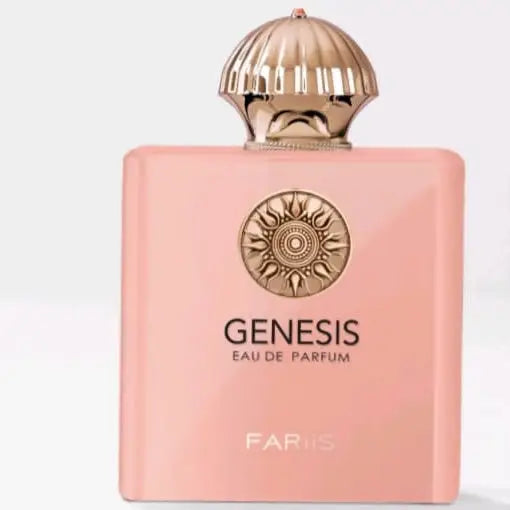 Roze rechthoekige genesis edp parfumfles met goudkleurige geribbelde dop en reliëf zonnestraalembleem voorkant