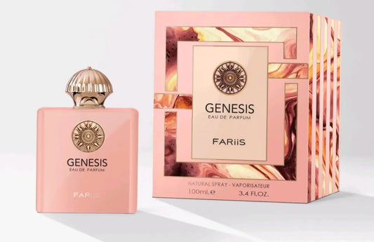 Roze rechthoekige fles van genesis eau de parfum door fariis met goudkleurige facetdop en gegraveerd logo