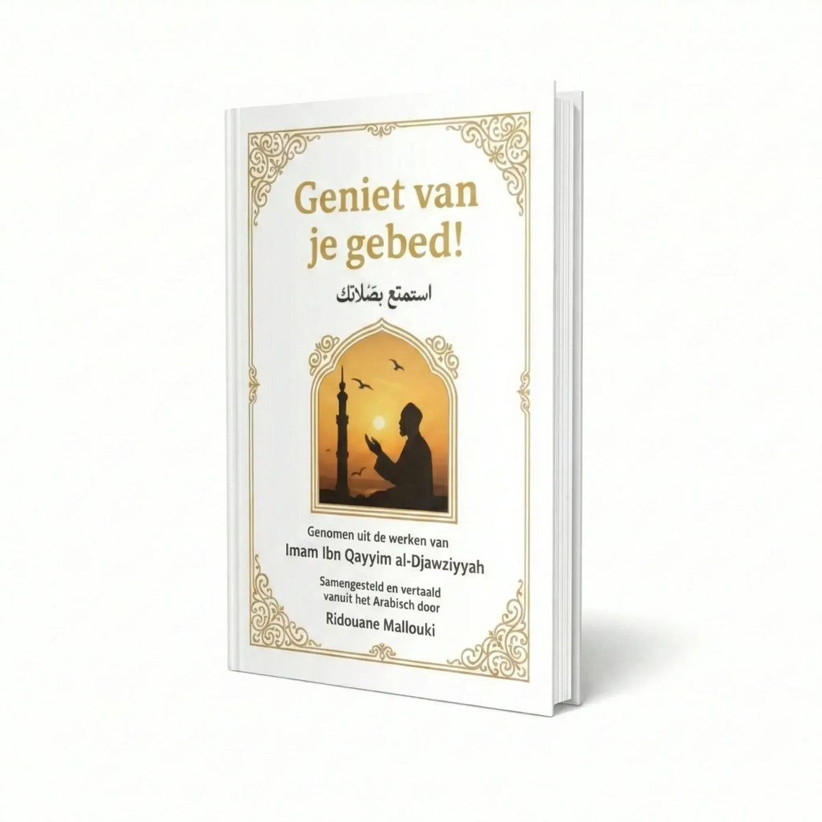 Witte hardcover gebedboek geniet van je gebed met gouden letters en een biddend silhouet bij zonsondergang