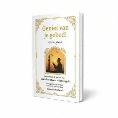 Witte hardcover gebedboek geniet van je gebed met gouden letters en een biddend silhouet bij zonsondergang