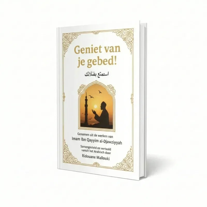 Witte hardcover gebedboek geniet van je gebed met gouden letters en een biddend silhouet bij zonsondergang