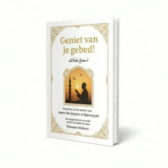 Witte hardcover gebedboek geniet van je gebed met gouden letters en een biddend silhouet bij zonsondergang