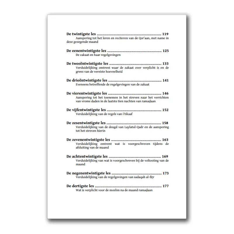 Witte pagina met zwarte nederlandse tekst met hoofdstuktitels en paginanummers uit een religieus boek ramadanlessen
