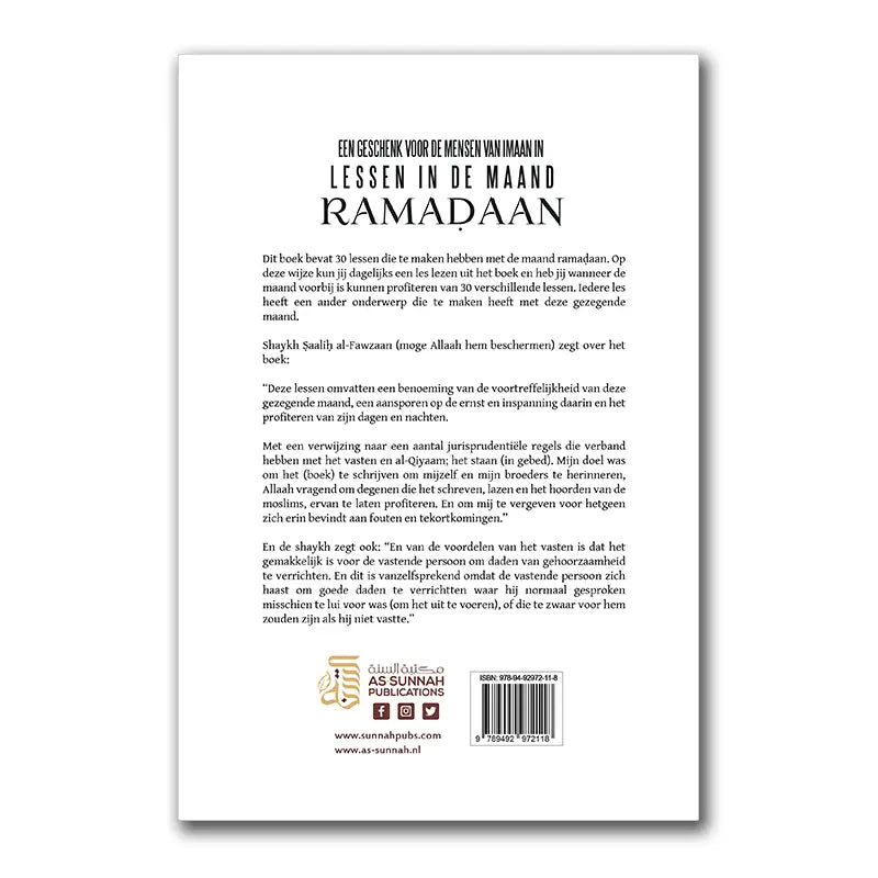 Achterkant van wit boek een geschenk voor de mensen van imaan met zwarte tekst en uitgeversinformatie in het Nederlands