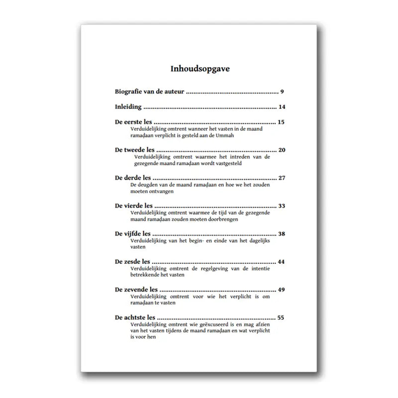 Witte paper booklet met zwarte nederlandse hoofdstuktitels en paginanummers uit een geschenk voor de mensen van imaan in lessen in de ramadaan