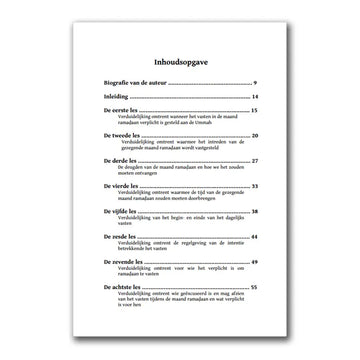 Witte paper booklet met zwarte nederlandse hoofdstuktitels en paginanummers uit een geschenk voor de mensen van imaan in lessen in de ramadaan
