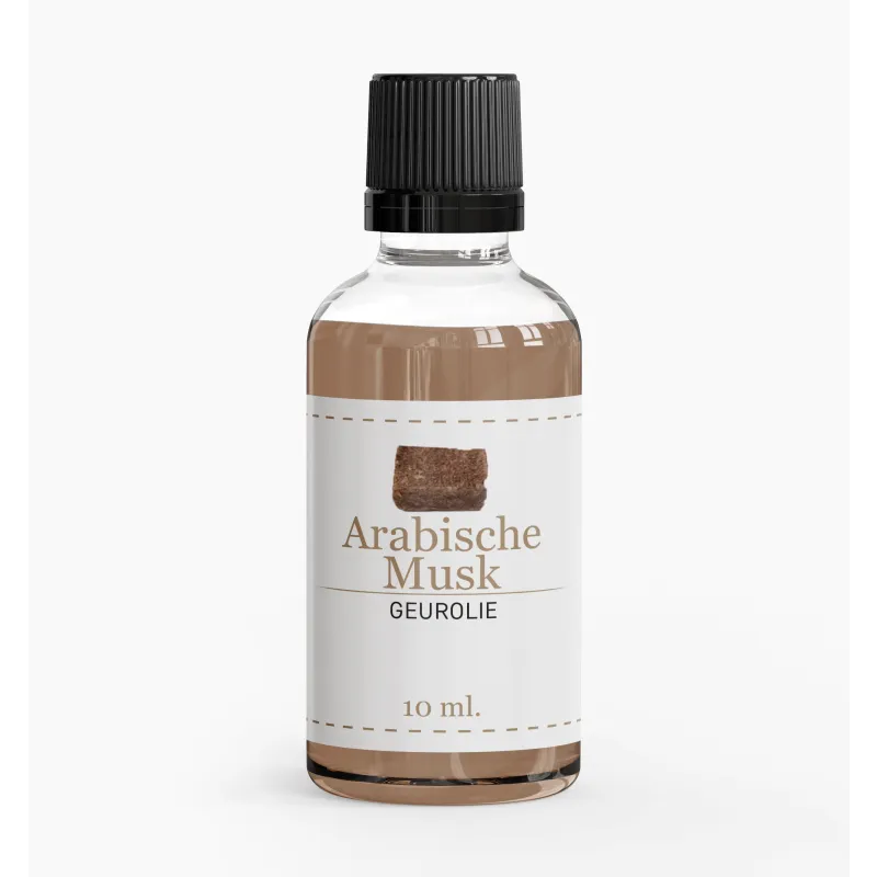 Fles met bruine olie en zwarte dop van Arabische Musk parfumproduct