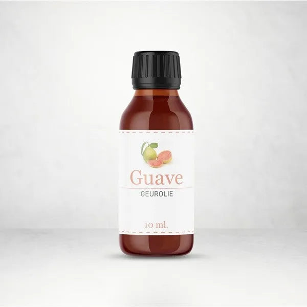 Bruine glazen fles van geurolie guave met zwarte schroefdop voor geurende olie