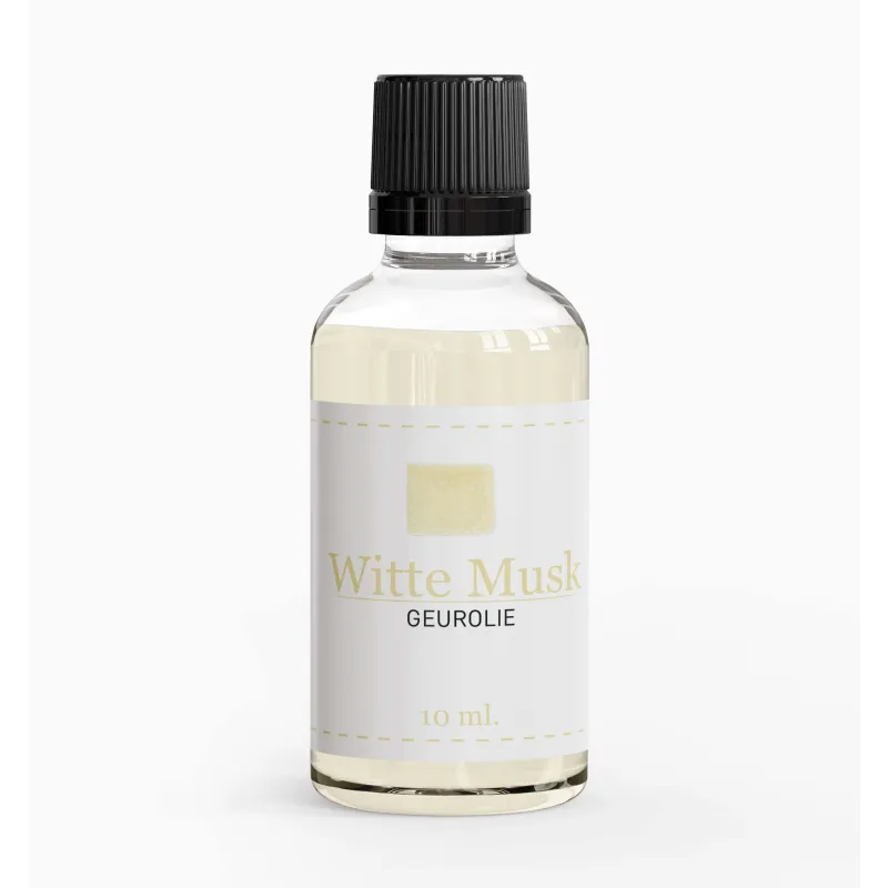Glasfles met zwarte ribbelkap en lichte gele geurolie witte musk geur