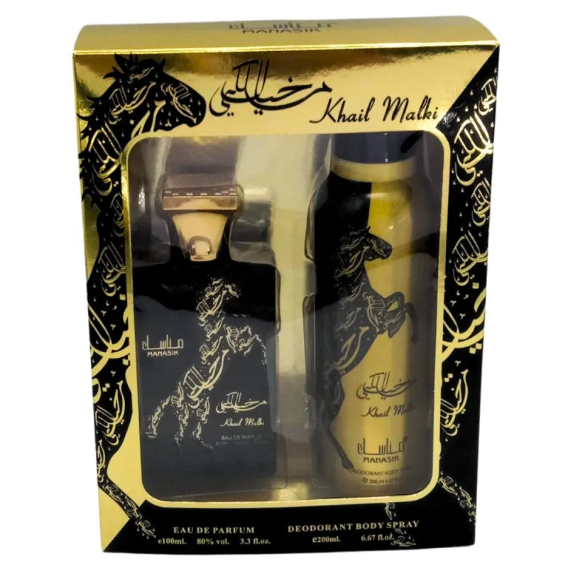 Giftset Khail Malki met parfum en deodorantspray in zwart-gouden verpakking met paardenmotief