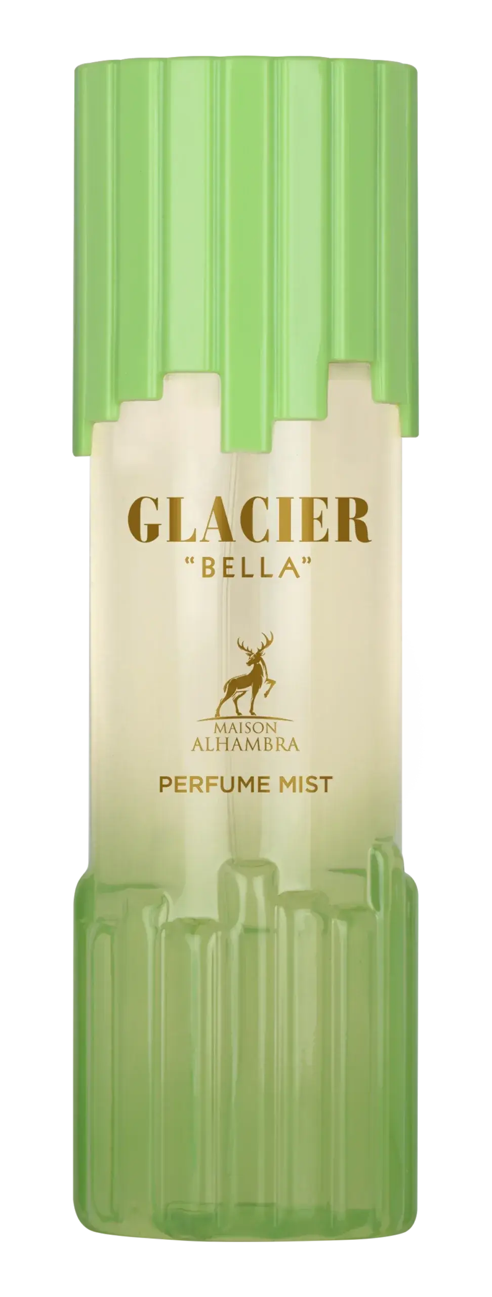 A sleek translucent green and cream Glacier Bella body mist bottle with ribbed design and gold Maison Alhambra lettering