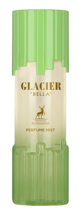 A sleek translucent green and cream Glacier Bella body mist bottle with ribbed design and gold Maison Alhambra lettering