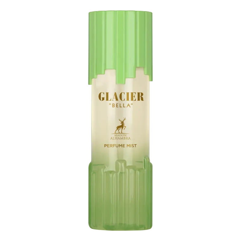 A sleek translucent green and cream Glacier Bella body mist bottle with ribbed design and gold Maison Alhambra lettering