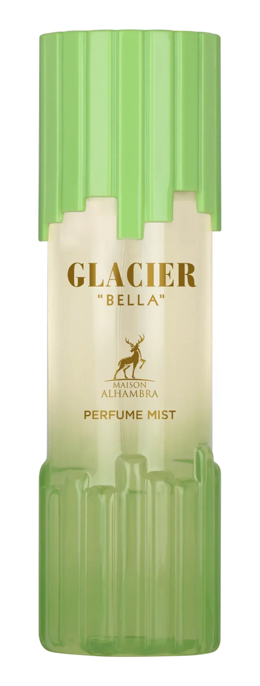 A sleek translucent green and cream Glacier Bella body mist bottle with ribbed design and gold Maison Alhambra lettering