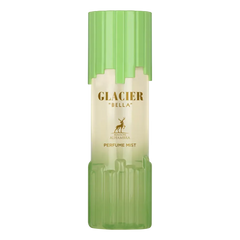 A sleek translucent green and cream Glacier Bella body mist bottle with ribbed design and gold Maison Alhambra lettering