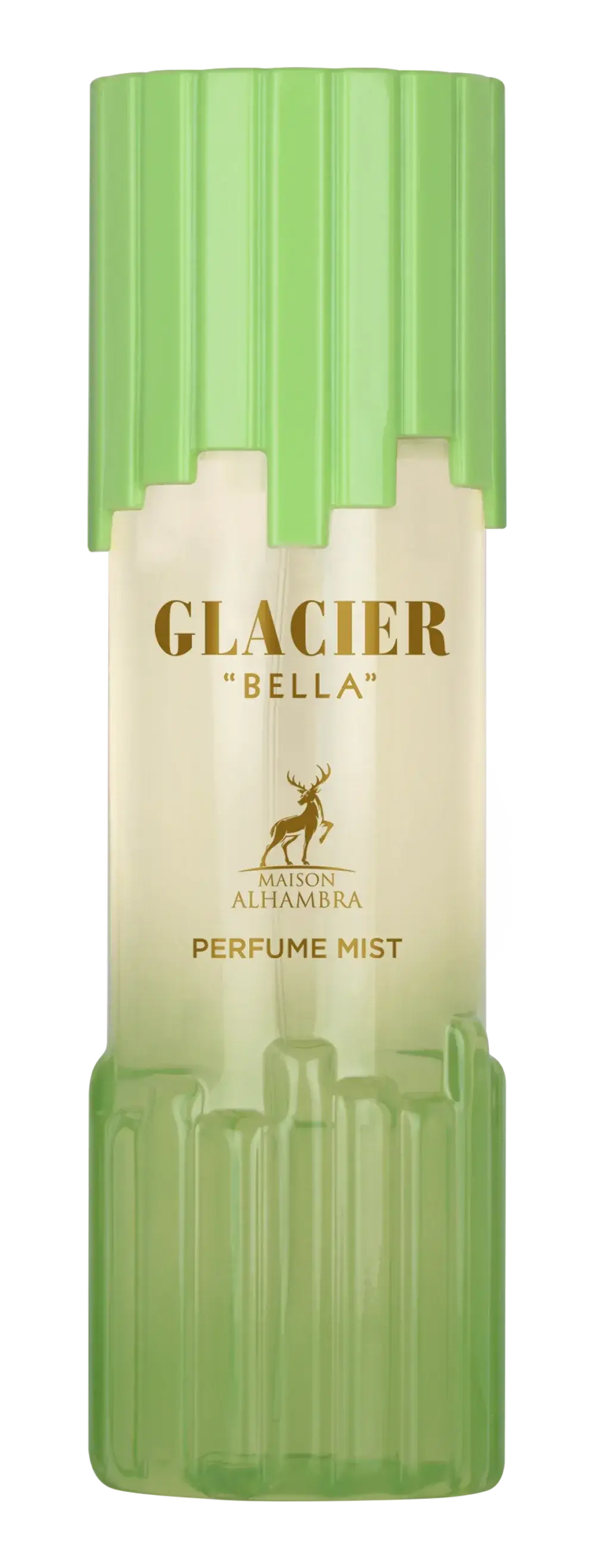 Een slanke, doorschijnende groene body mist fles met geribbelde dop en basis, labeled glacier bella van maison alhambra