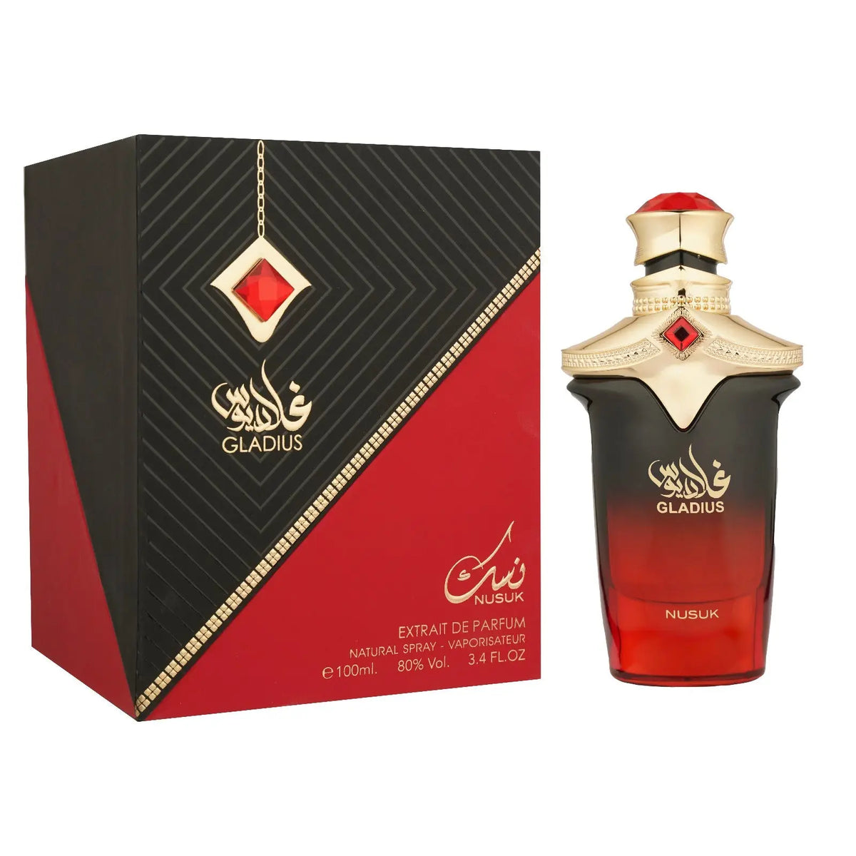 Elegante gladius nusuk parfum fles in glas met rood-zwart verloop, gouden accenten en robijnrode dop
