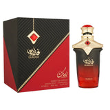 Elegante gladius nusuk parfum fles in glas met rood-zwart verloop, gouden accenten en robijnrode dop