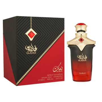 Elegante gladius nusuk parfum fles in glas met rood-zwart verloop, gouden accenten en robijnrode dop