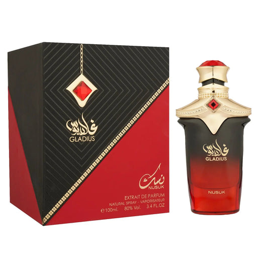 Elegante gladius nusuk parfum fles in glas met rood-zwart verloop, gouden accenten en robijnrode dop