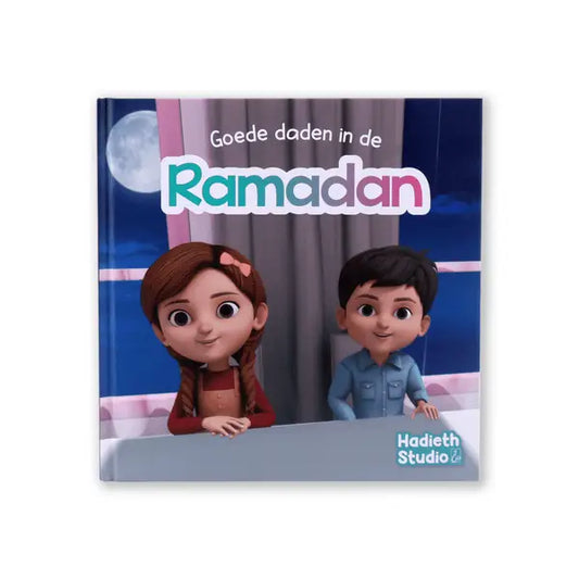 Kinderboek goede daden in de ramadan van hadieth studio met cartoon meisje en jongen voor nachtelijke achtergrond