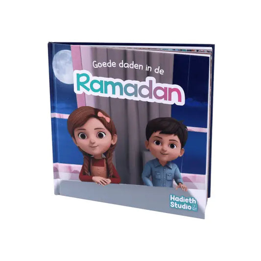 Een kinderboek goede daden in de ramadan met cartoonillustraties van een meisje en jongen tegen maanlicht van hadieh studio