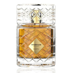 Parfumolie musc Golden Elixir Arabische parfum in een heldere glazen fles met gouden vloeistof