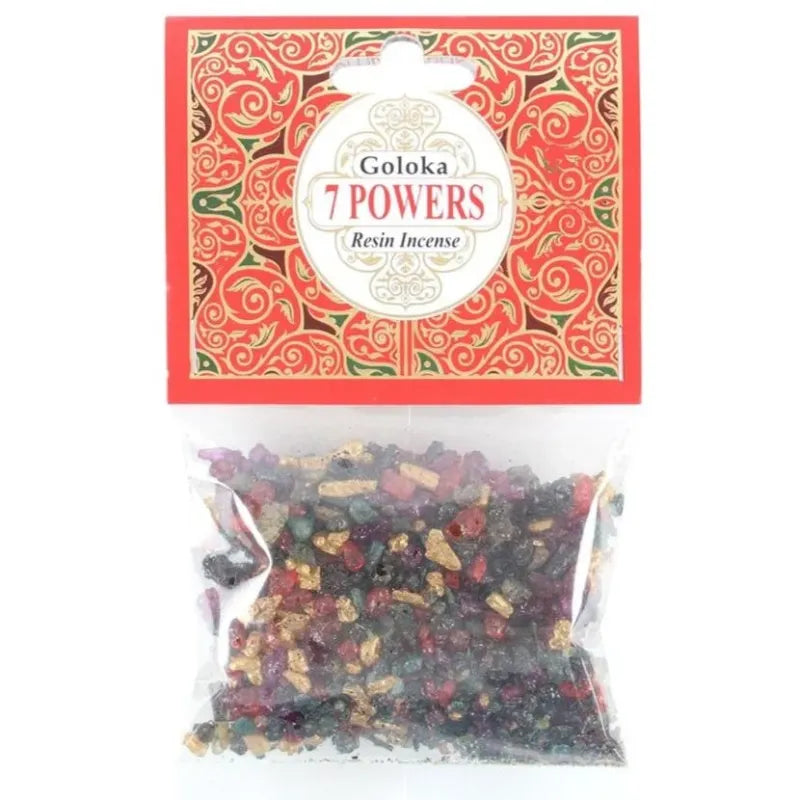 Goloka 7 Powers Resin Incense 30g met decoratieve verpakking en losse hars