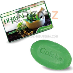 Groene herbal zeep met Goloka tekst, rijk aan herbal Ayurveda en fuertes propiedades antiinflamatorias