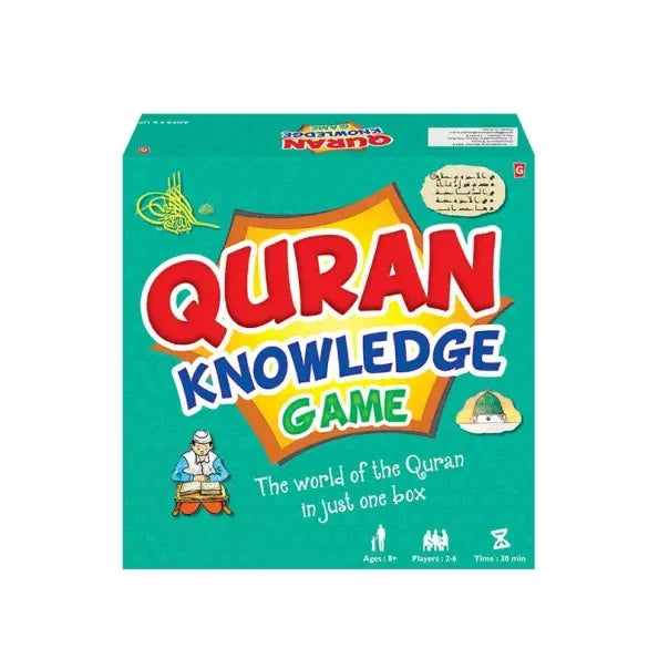 Turquoise Quran Knowledge Game box with Arabic calligraphy and cartoon graphics