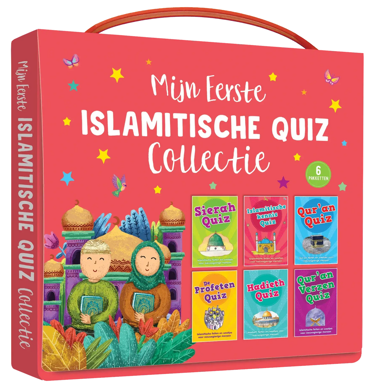 Helderrode geïllustreerde islamitische quizdoos met handvat en zes kleurrijke boekjes in de grote islam quizkaarten collectie