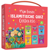 Helderrode geïllustreerde islamitische quizdoos met handvat en zes kleurrijke boekjes in de grote islam quizkaarten collectie